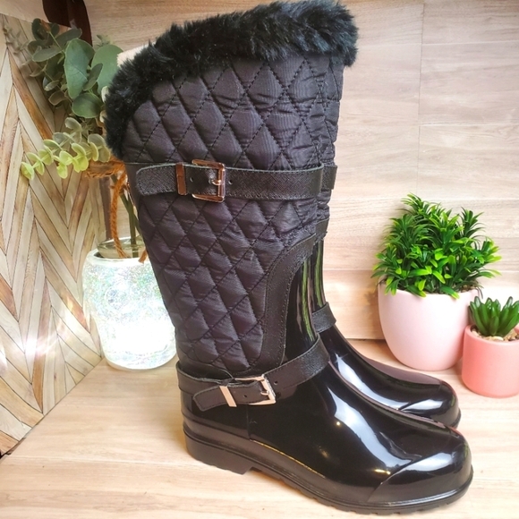Michael Kors Snow Rain Boots Puffer Faux Fur Black Silver Accents Size 7 * - Picture 1 of 13